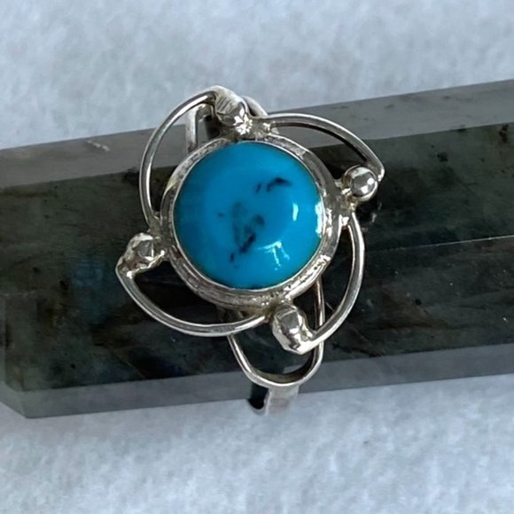 Sterling Silver 925 Faux Turquoise Modern Ring Floral Pinwheel Size 7 Openwork - Picture 2 of 10